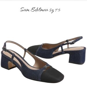 NWT Sam Edelman Black/ Blue Denim Block Heels Shoes sz 7.5